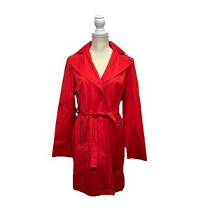 Michael Kors Red Hooded Trench Coat Medium Belted Rain Jacket Classic Timeless